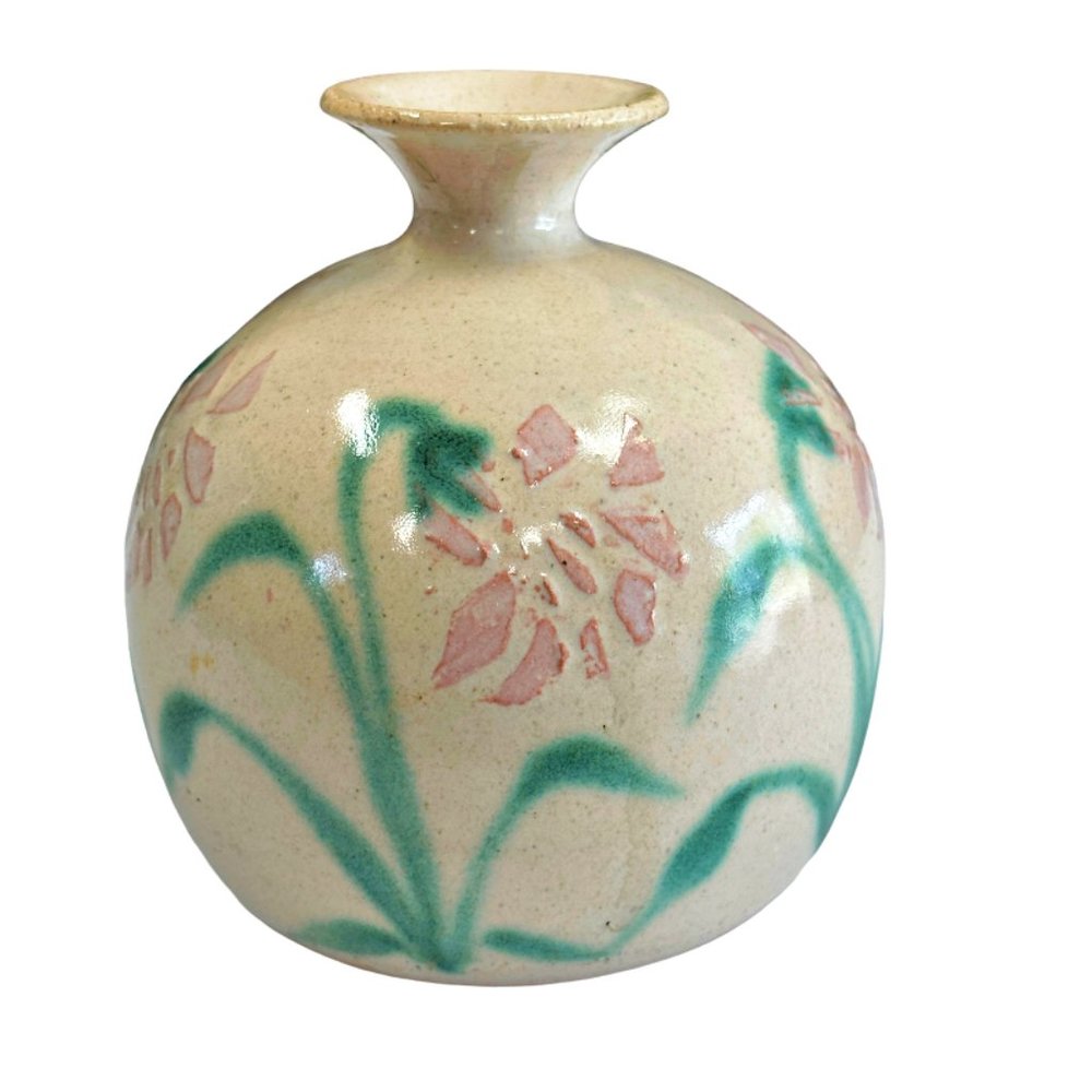 Vintage Round Bud Vase Ceramic Studio Art Pottery Raised Relief Pink Petals 4.5"